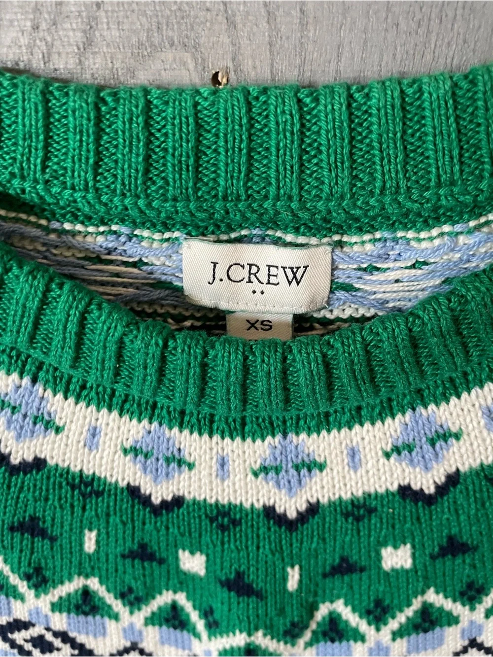 J. Crew Green Fair Isle Crewneck Sweater